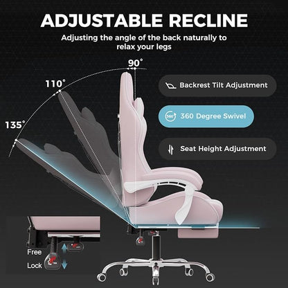 GTPLAYER Gaming Chair with Footrest, Computer Chair with and Lumbar Support, Height Adjustable Game Chair with 360°-Swivel Seat and Headrest and for Office or Gaming (Pink-Fabric)