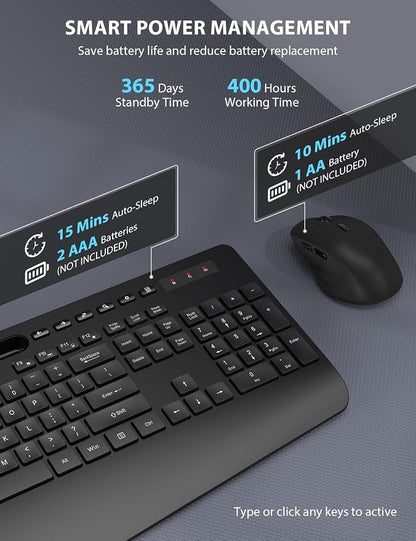 Wireless Keyboard and Mouse Combo - Full-Sized Ergonomic Design with Cushioned Wrist Rest, Built-in Phone Stand, Quiet 2.4GHz USB Connectivity for PC, Laptop - Trueque (Black, 2 Pack)