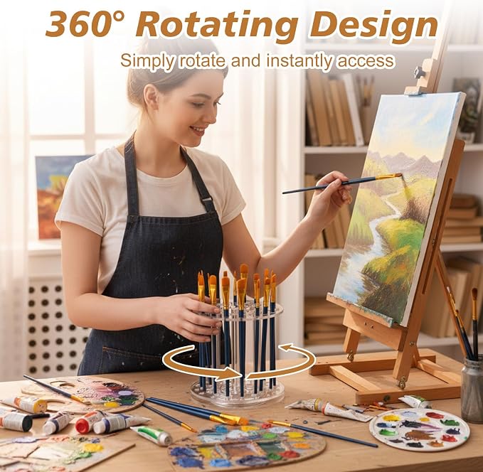 Fiwochic Acrylic Rotating Paint Brush Holder, 360° Clear Handmade Rotating Paint Brush Holder Organizer Spinning Desktop Caddy for Artists Makeup Arts Crafts Tools Calligraphy Pens