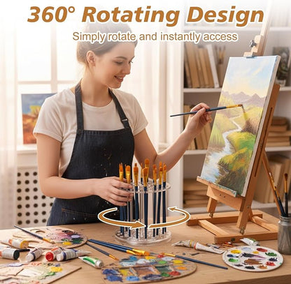 Fiwochic Acrylic Rotating Paint Brush Holder, 360° Clear Handmade Rotating Paint Brush Holder Organizer Spinning Desktop Caddy for Artists Makeup Arts Crafts Tools Calligraphy Pens