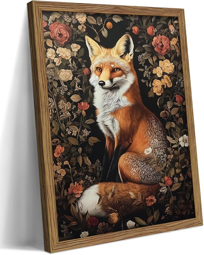 Vintage Fox Canvas Wall Art, Dark Academia Floral Decor, Nature Botanical Animal Painting, Farmhouse Fox Picture Print, Aesthetic Wall Decor for Living Room Bedroom 12x16 inch Wood Framed