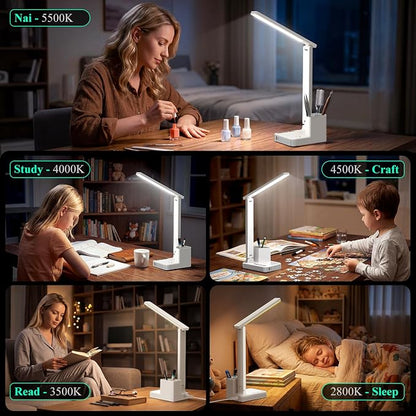 COZOO LED Desk Lamp with 2 USB Charging Ports,Type C Port,1 AC Outlet,2 Pen Holders,3 Color Temperature 3 Brightness Level,Touch/Memory/Timer,10W Eye Protection Foldable Reading Light,Study Lamp-White