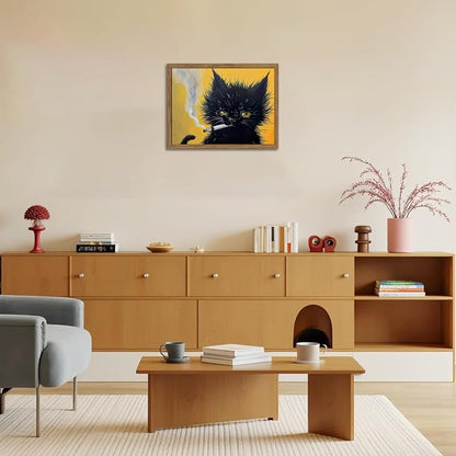 Vintage Black Cat Wall Art, Black Cat Painting Portrait Wall Decor, Mens Room Canvas Print Poster, Cool Animals Picture Art for Bathroom Decor 16x24 inch Wood Framed