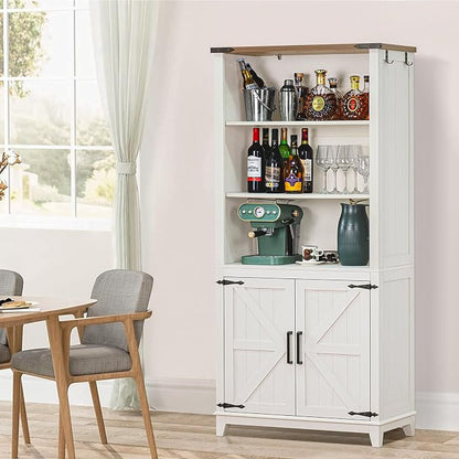 Joaxswe 70in Tall Bookshelf 5 Tier Bookcase with Barn Doors and Storage Cabinet, White Farmhouse Book Shelf with Adjustable Shelves, Wood Freestanding Display Bookshelves for Bedroom, Kitchen (3PCS)