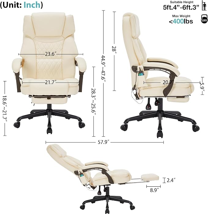 Massage Office Chair with Foot Rest 6 Points Vibration and Heat Home Office Desk Chairs for Heavy People 400lbs Reclining Managerial Chairs Ergonomic Executive Chair (Cream)
