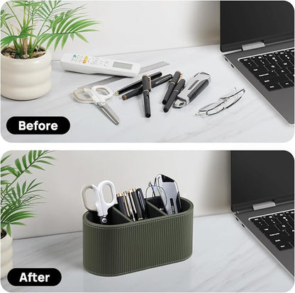 Aesthetic Remote Control Holder, PU Leather Remote Holder Desktop Organizers with 3 Compartments for Home Office Supplies and Accessories, Stylish Bedside Nightstand Organizer (Green)