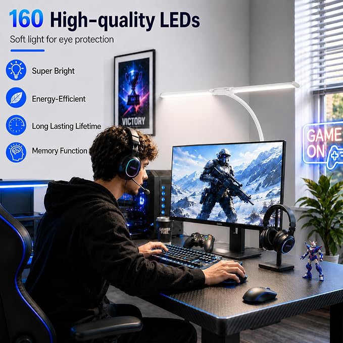 LED Desk Lamp for Home Office, Eye-Care Architect Light with Clamp, Double Head Computer Monitor Table Light with 3 Color Modes 10 Brightness, Adjustable for Reading, Study, Drafting, Workbench, White