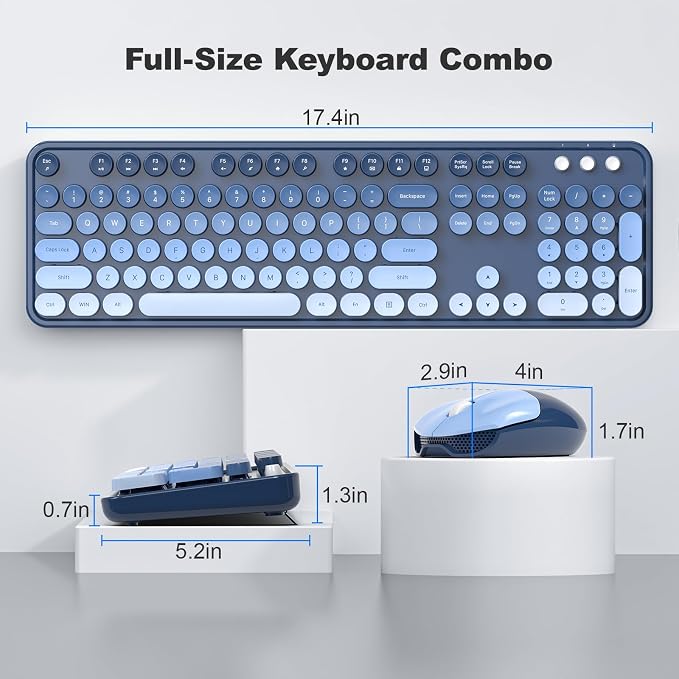 MOFII Wireless Keyboard and Mouse Combo, 2.4GHz Retro Typewriter Keyboard Full Size, Cute Wireless Mice, USB Dongle Plug and Play, for Laptop, PC, Desktop, Windows (Sea Blue Gradient Color)