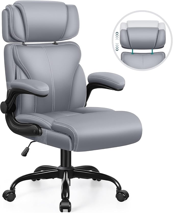 Office Chair, Ergonomic Big and Tall Computer Desk Chair with Retractable Adjustable Headrest, Executive Breathable Leather Chair, Lumbar Support Swivel Flip-up Armrests Rocking Function,Matte Gray