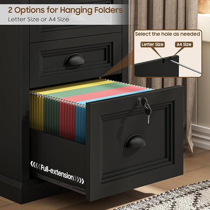 Halitaa Vertical File Cabinet, Filing Cabinet with 3 File Drawers & Lock, Farmhouse Small File Cabinet Fits Letter/A4 Size, Wooden Printer Stand, Home Office Cabinet, Black
