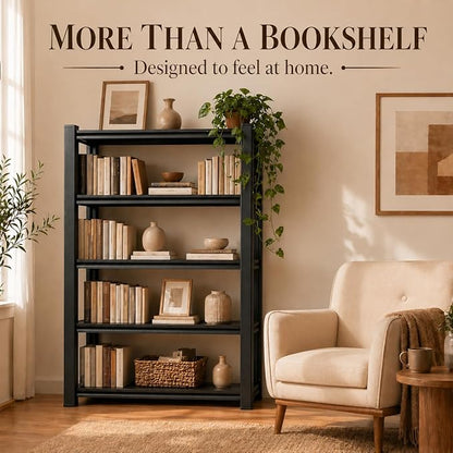 4 Tier Metal Bookshelf, Adjustable Tall Bookcase, Heavy Duty 2400 LBS Modern Deep Book Shelf, Bolt-Free Storage Shelves for Living Room, Home Office, Garage, 14" Wx 12" Dx 44" H