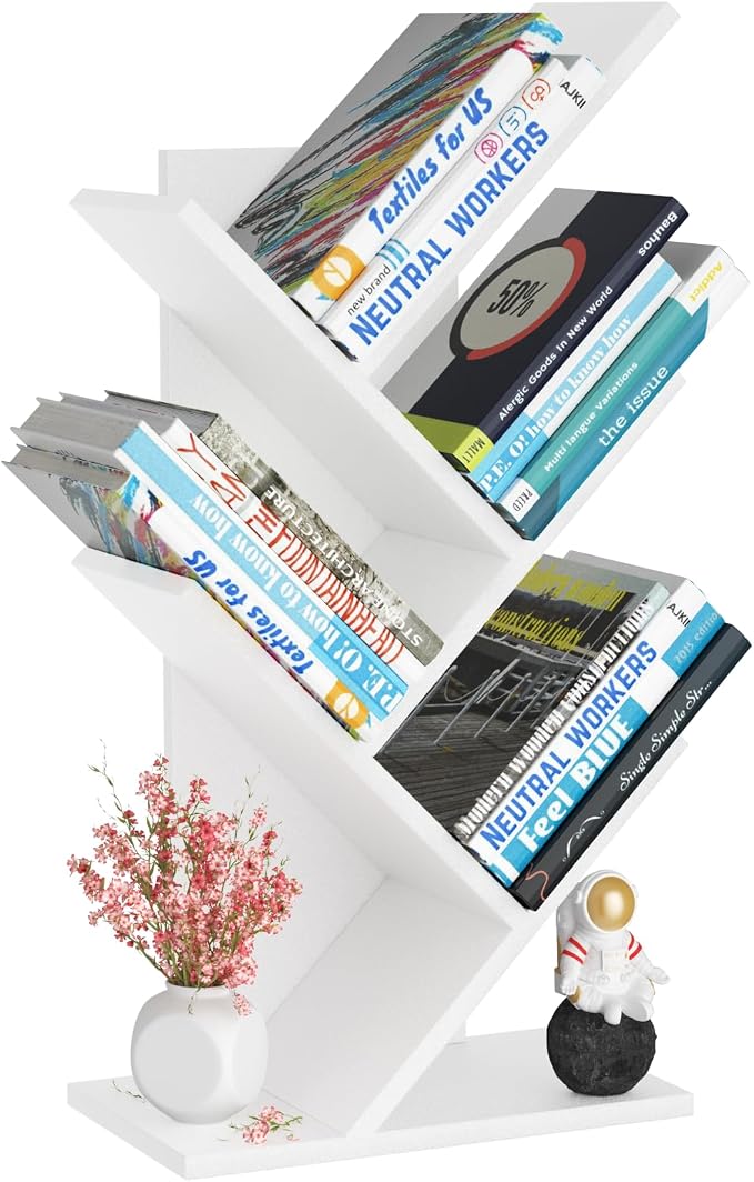 SHEEPAM 5 Tier Tree Book Shelf, Small Desktop Bookshelf with Storage Organizer, Wood Bookcase, Desk Display Bookshelves, Floor Standing Organizer Bookcases for Living Room,Bedroom,Office-White