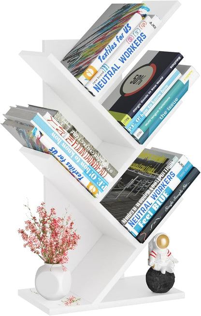 SHEEPAM 5 Tier Tree Book Shelf, Small Desktop Bookshelf with Storage Organizer, Wood Bookcase, Desk Display Bookshelves, Floor Standing Organizer Bookcases for Living Room,Bedroom,Office-White