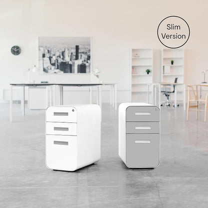 Laura Davidson Furniture Stockpile Slim 3-Drawer Mobile File Cabinet with Lock - Under Desk Metal Filing Cabinet, Legal/Letter File Folders, Wheels & Stationary Feet, Assembled, Light Grey Faceplate
