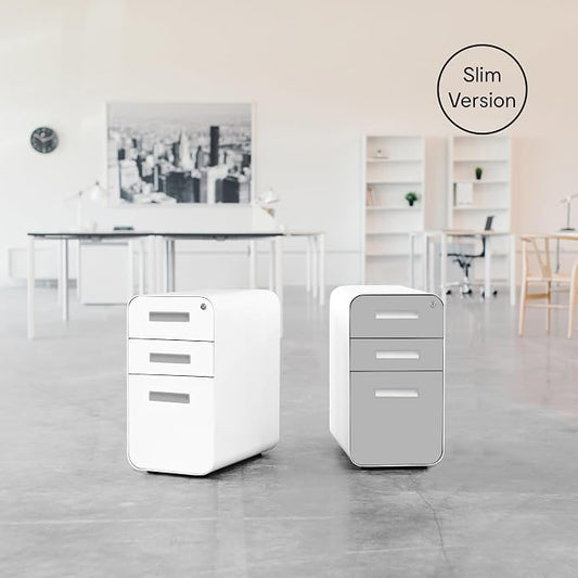 Laura Davidson Furniture Stockpile Slim 3-Drawer Mobile File Cabinet with Lock - Under Desk Metal Filing Cabinet, Legal/Letter File Folders, Wheels & Stationary Feet, Assembled, Light Grey Faceplate
