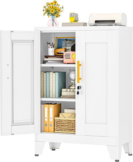 winiowa Tall Metal Storage Cabinet with Lock, Locking File Cabinet with 2 Doors and 2 Adjustable Shelves, White Lockable Organizer for Home Office Garage（23.6" W）