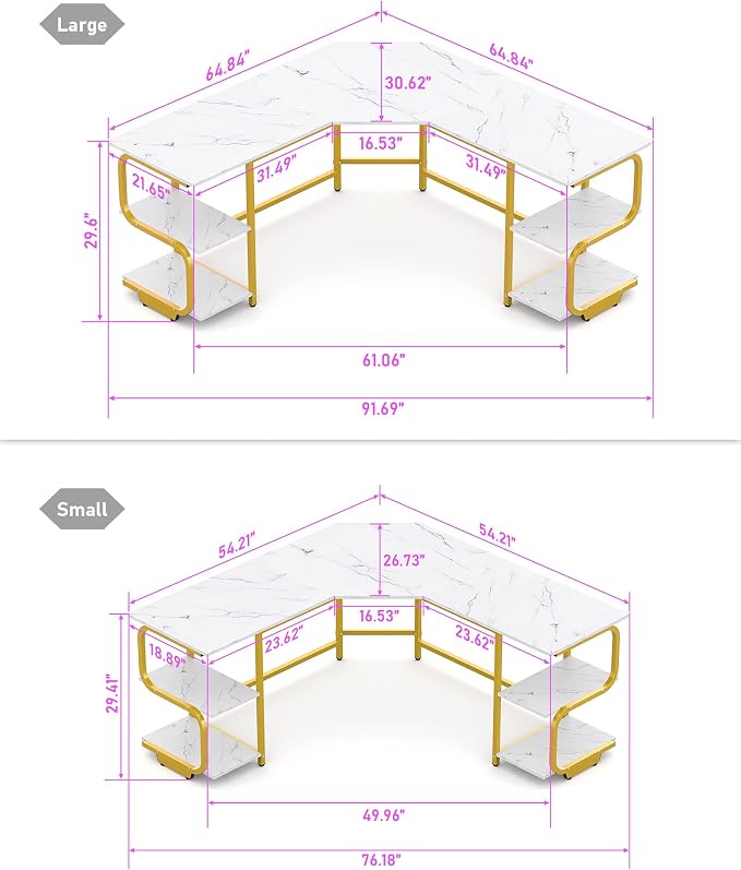 Teraves Modern L Shaped Desk with Shelves,64.84" Computer Desk/Gaming Desk for Home Office,Corner Desk with Large Desktop (White Marbling+ Gold Frame, Large+4 Tier Shelves)