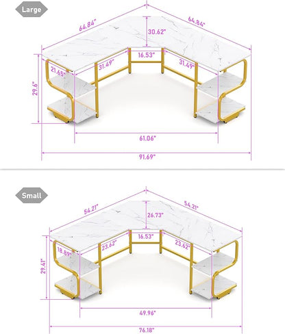 Teraves Modern L Shaped Desk with Shelves,64.84" Computer Desk/Gaming Desk for Home Office,Corner Desk with Large Desktop (White Marbling+ Gold Frame, Large+4 Tier Shelves)