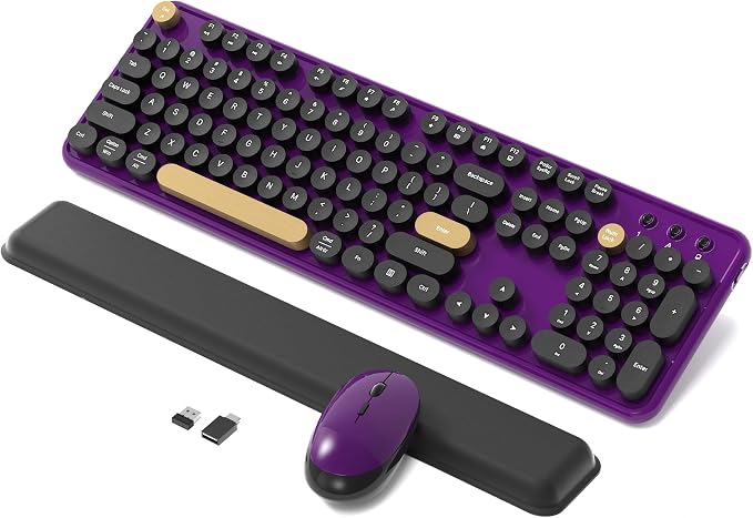 Colorful Wireless Keyboard and Mouse Combo, Retro Typewriter Style Round Keys, 2.4GHz Ergonomic Aesthetic Computer Keyboard with Wrist Rest for Mac, Windows, Laptop, PC(Violet Color)