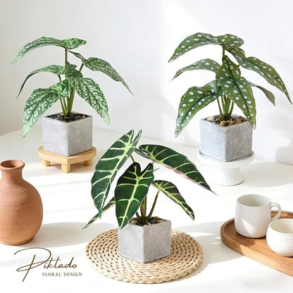 3pcs Small Fake Plants Artificial Begonia Leaves Faux Plants Indoor for Office Desk Shelf Bathroom Home Decor