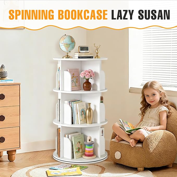 RUNSUNSPRI 3 Tier Rotating Bookshelf Tower Spinning Bookshelf Revolving 360°Bookcase Storage Round Carousel Vertical Rotate Turning Spiral Corner Organizer Lazy Susan White