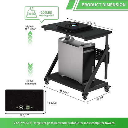 Height Adjustable Computer Tower Cart Stand, Mobile PC Laptop Standing Table, Printer Stand with Lockable Rolling Caster for Office Home