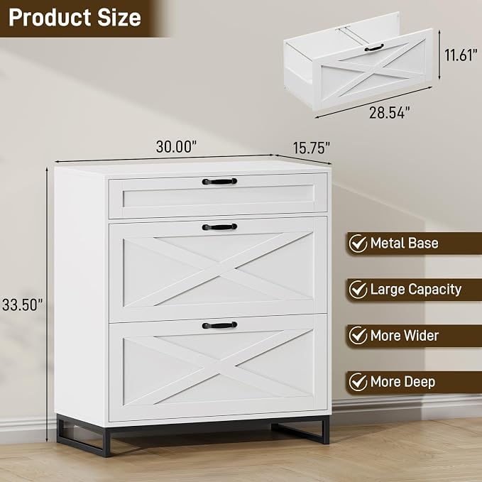 Halitaa File Cabinet 3 Drawers Lateral File Cabinet for Letter/Legal/A4 Size Hanging Files, Large Wood File Storage Cabinets Printer Stand for Home Office, White and Black