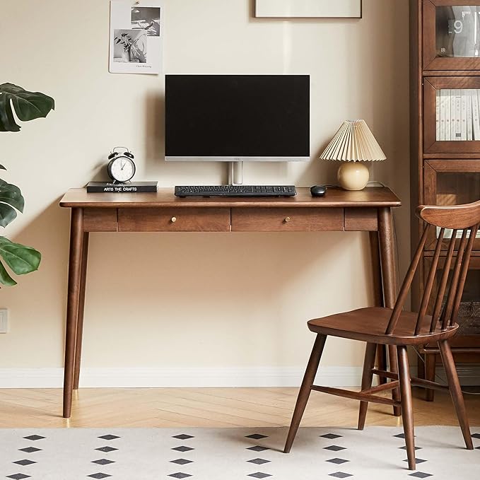 Computer Desk, Solid Wood Desk, Mid Century Modern Home Office, Writing Desk with Drawers for Study Bedroom Living Room 47.24" W