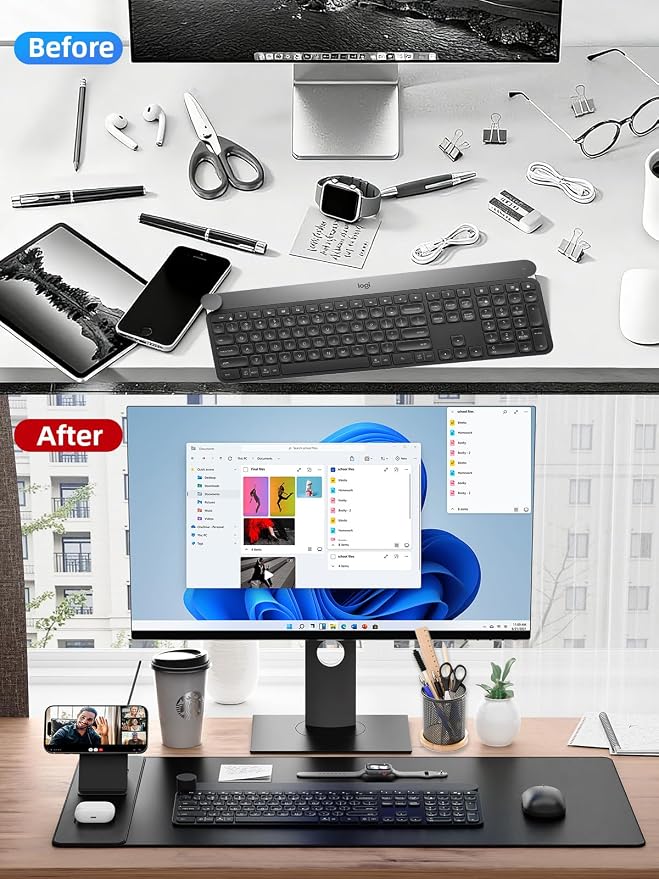 Wireless Charging Mouse Pad with Magnetic Phone Stand, 31.5"x15.8" Large | Waterproof Mousepad Desk Mat, Smooth Glide, Stitched Edge, Non-Slip Rubber Base, Computer Keyboard Mat, with Adapter