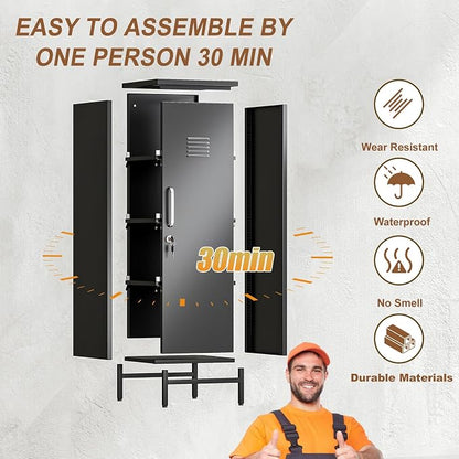 pozdeg 47.24" Metal Storage Locker with Lockable, Employees Metal Steel Locker with 1 Door ＆ 3 Adjustable Shelves, Small Locker Storage Cabinets for Home, School, Office, Gym (Black)