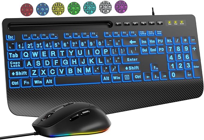 SABLUTE KM21Pro Wired Keyboard and Mouse Combo, 4X Larger Print Backlit Keys, Palm Rest, Ergonomic Design, USB Plug & Play for Windows PC Laptop, Ideal for Seniors, Students, Home & Office