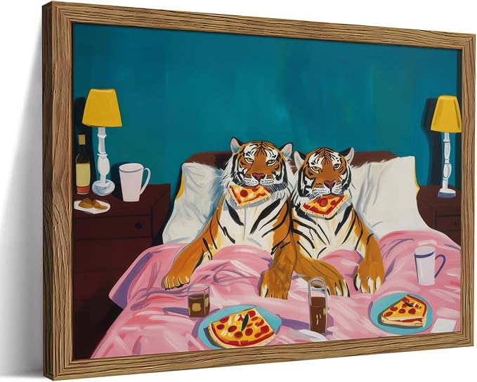 Framed Tiger Pizza Wall Art, Dopamine Wall Decor Canvas Print, Vintage Fun Tiger Eating Pizza in Bed Poster, Abstract Animal Picture Painting Art for Bedroom Living Room Home Decor 12x16 inch