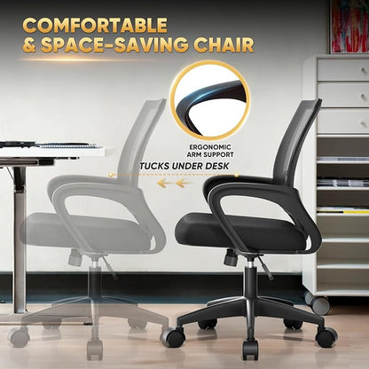 Magshion Ergonomic Office Desk Chair, Mid-Back Mesh Computer Chair, Swivel Chair with Breathable Backrest & Lumbar Support, Adjustable Height for Gaming, Work, Study, 300 Lbs Capacity, Black