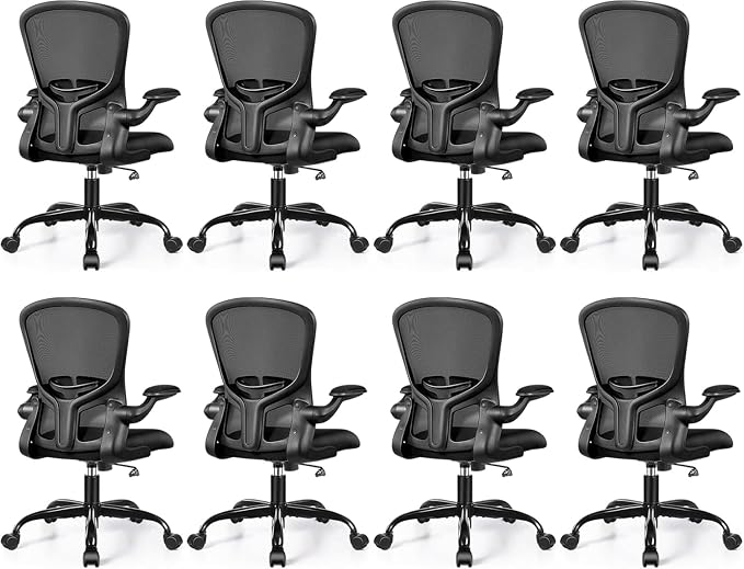 FelixKing Office Desk Chairs, Ergonomic PC Desk Chair with Wheels, Adjustable Lumbar Support and Height, Swivel Computer Chair with Flip-up Armrests, Ergo Mesh Backrest for Working (Black, Pack of 8)