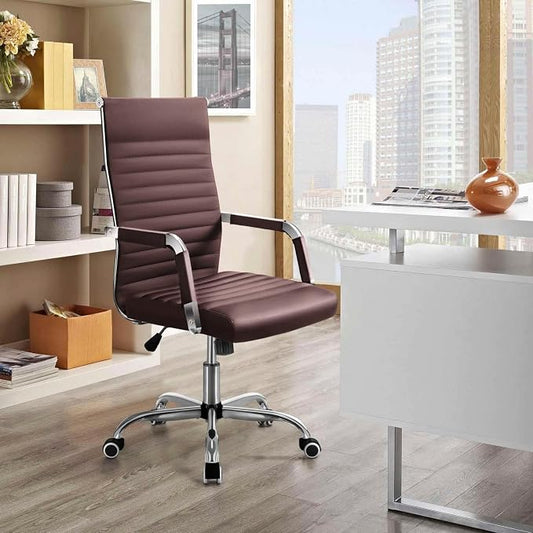 Shahoo Ribbed Office Chair, Mid-Back PU Leather Office Chair Executive Task Chair with 360° Swivel Wheels for Conference Room, Home Offices (Brown)