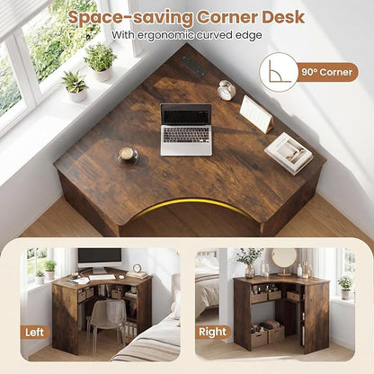 Tangkula Corner Desk with Charging Station, 90-Degree Triangle Computer Desk with Ergonomic Curved Edge & Open Storage Shelves, Writing Study Desk for Small Spaces Home Office