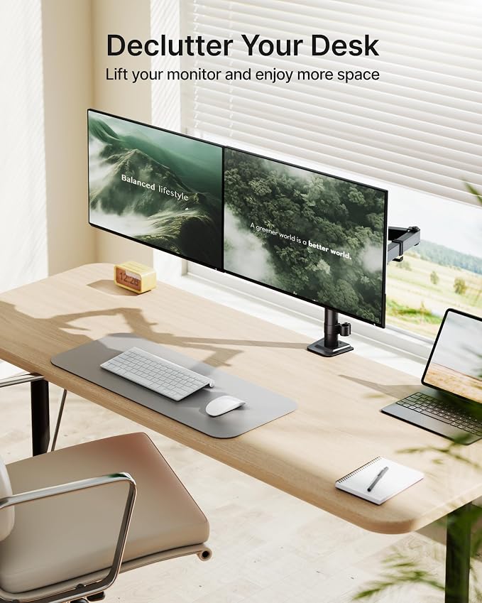 monTEK Heavy Duty Dual Monitor Stand for 17 to 32 Inch Screens, Adjustable Desk Mount Supports 22 lbs Each, Clamp and Grommet Base, VESA 75x75/100x100