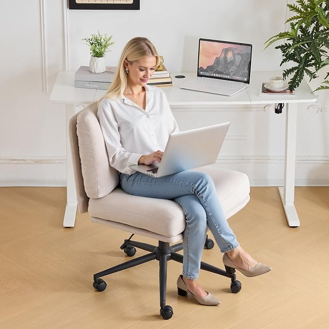 VINGLI Criss Cross Cloud Seat,Comfy Corduroy Cross Legged Office Desk Chair with/no Wheels,Cute Vanity Stool, Adjustable Wide Seat,Modern Swivel Perch for Study, Make Up, Home Office，Light Khaki