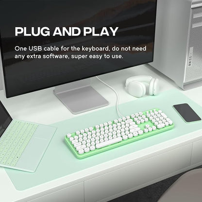 MOWUX Computer Keyboard Wired, Plug and Play USB Retro Round Typewriter Keyboard, Full Size Wired Keyboard with Foldable Stands for Laptop and Office PC- Green