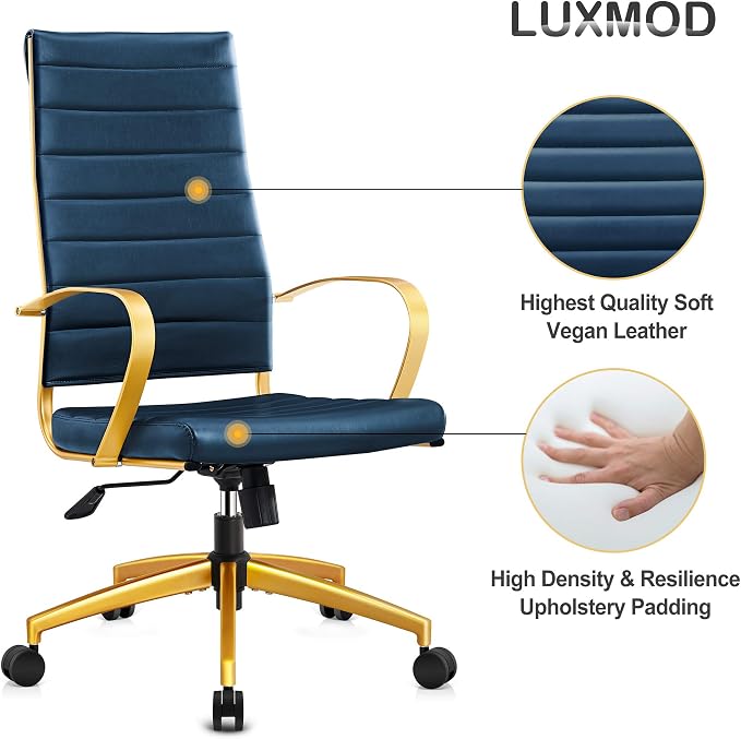 Office Chair, Computer Chair, Ergonomic Office Chair in Vegan Leather, High Back Desk Chair with Back Support, Executive Chair, Manager（Navy Gold）