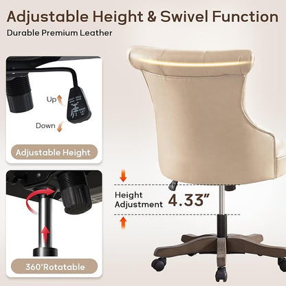 HUIMO Home Office Chair Upholstered PU Leather Armless Desk Chair with Wheels Adjustable Height Computer Desk Chair with Wooden Legs Comfortable Swivel Chair for Home Office Study Studio (Light Taupe)