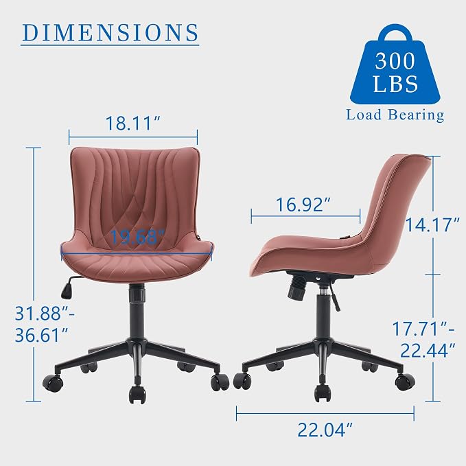 YOUNIKE Office Chair, Armless Desk Chair with Wheels, Adjustable Swivel Home Office Computer Task Chairs, Modern Faux Leather Upholstered Vanity Chair with Back, Dusty Rose