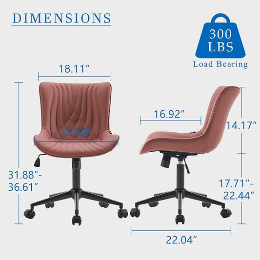 YOUNIKE Office Chair, Armless Desk Chair with Wheels, Adjustable Swivel Home Office Computer Task Chairs, Modern Faux Leather Upholstered Vanity Chair with Back, Dusty Rose