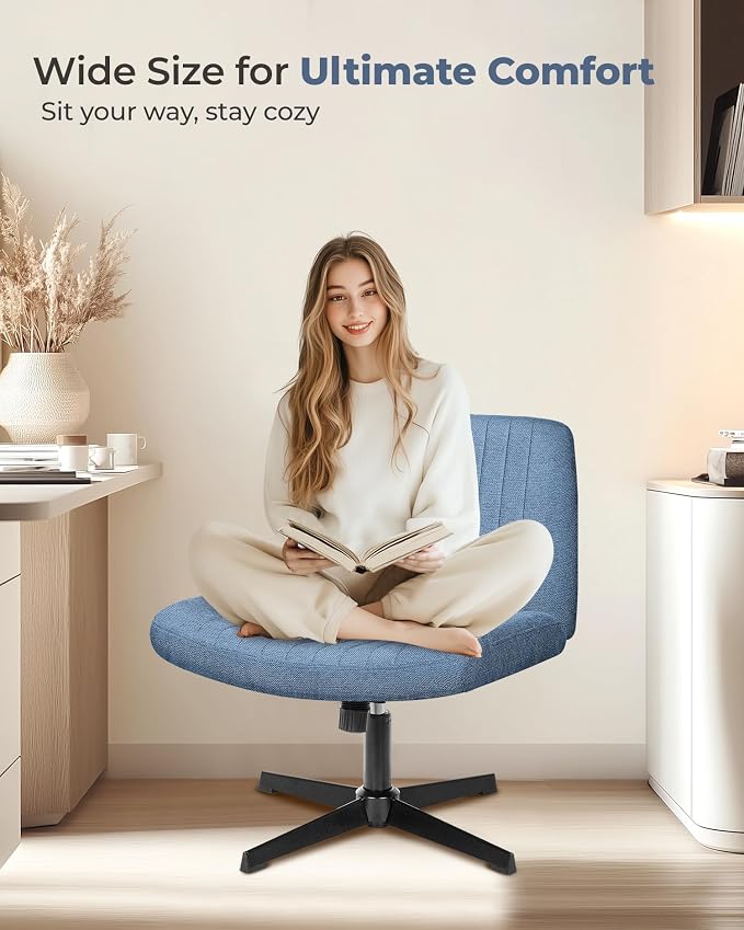 NEO Chair Criss Cross Chair No Wheels, Armless Cross Legged Office Desk Chair, Vanity Makeup Fabric Computer Comfy Adjustable Swivel Ergonomic Living Bedroom for Home Office (Fabric Blue)