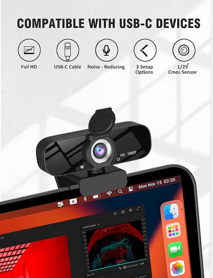 HD 1080P Webcam with Built-in Microphone and Rotatable Tripod, 1080P Video and Wide Angle Camera, Privacy Cover, for Desktop PC or Laptop Computer （Black）