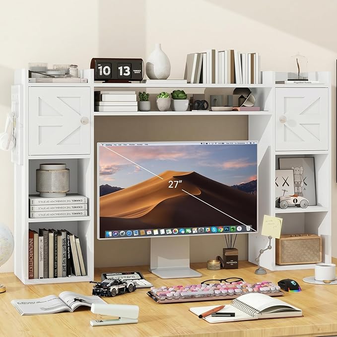 ELECWISH Desktop Bookshelf, Desk Hutch with Drawer for Computer Desk, 45.3" 8-Tier Adjustable Desktop Shelf Organizer with Pegboard for Home Office, Oak