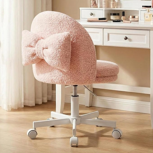 GTPLAYER Velvet Tall Office Chair with Wheels Vanity Chairs with Back, Versatile Height Use: Office to Bar Stools Small Ergonomic Comfy Armlees Computer Desk Chair with Bow Lumbar Pillow for Gift