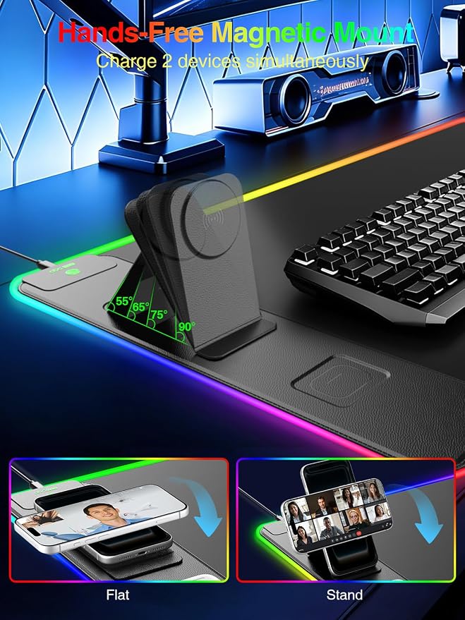 Wireless Charging Mouse Pad with Magnetic Phone Stand, 31.5"x15.8" Large | Gaming Mousepad RGB Desk Mat, Smooth Glide, Stitched Edge, Non-Slip Rubber Base, Waterproof Keyboard Mat, No Adatper