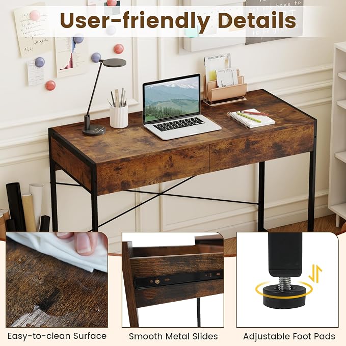 GOFLAME 44 Inch Computer Desk with 2 Drawers, Home Office Desk with Metal Frame, Small Study Writing Workstation with Storage, PC Laptop Table for Living Room, Bedroom, Study, Rustic Brown