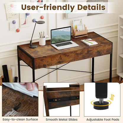 GOFLAME 44 Inch Computer Desk with 2 Drawers, Home Office Desk with Metal Frame, Small Study Writing Workstation with Storage, PC Laptop Table for Living Room, Bedroom, Study, Rustic Brown